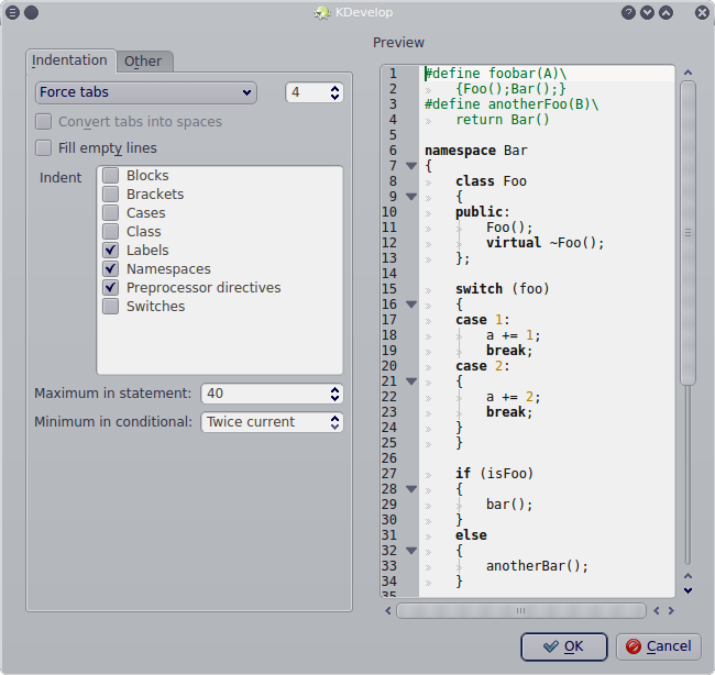 Custom code style settings