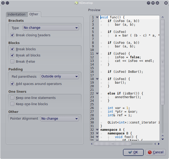 Custom code style settings